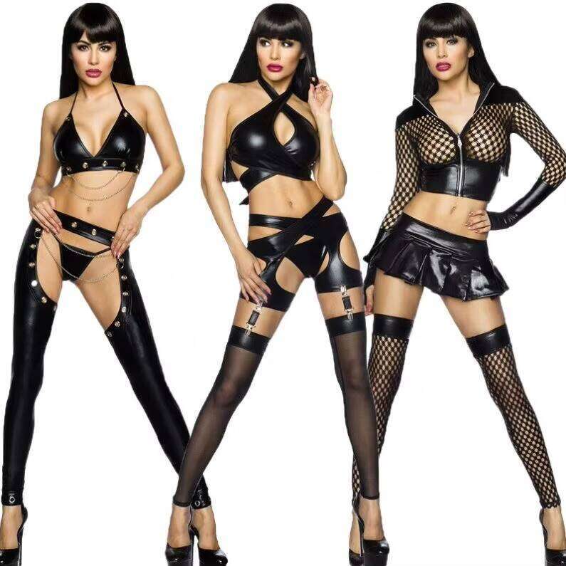 Nightclub 3 Piece Sets Outfits For Women Sexy Hollow-Out Crop Top +Skirt +Socks Sex Clothes Set Lingerie Costumes