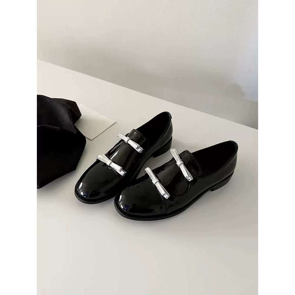 Korean Style Double Bow Patent Leather Women's Loafers Spring Autumn New Chunky Heel Round Toe Slip-On Commuter Shoes