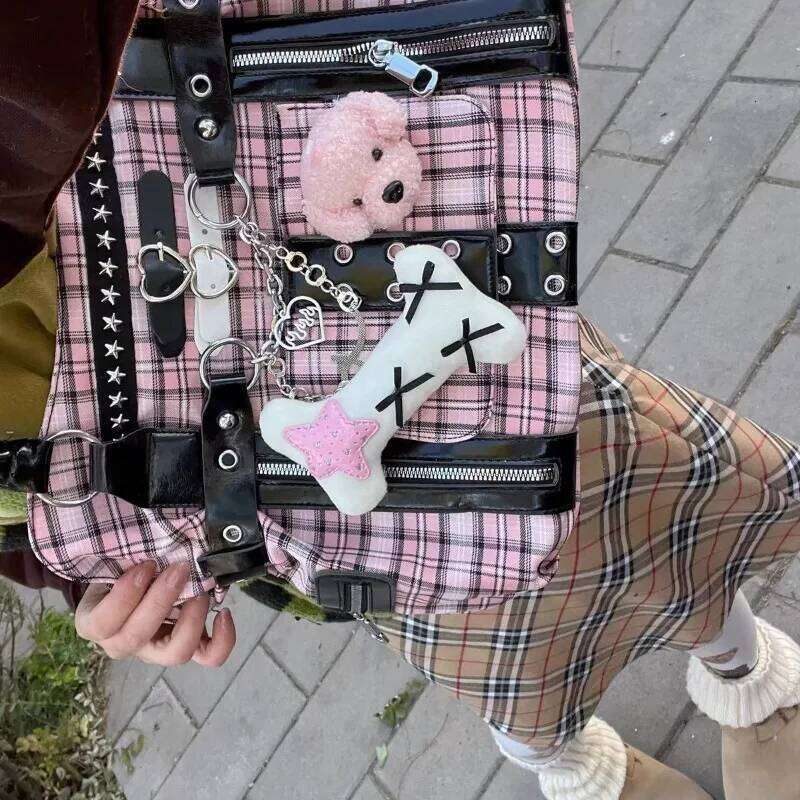 MBTI Pink Womens Shoulder Plaid Canvas Y2k Original Punk Fashion Tote Bag Aesthetic Literary Rivets Large Capacity Handbag