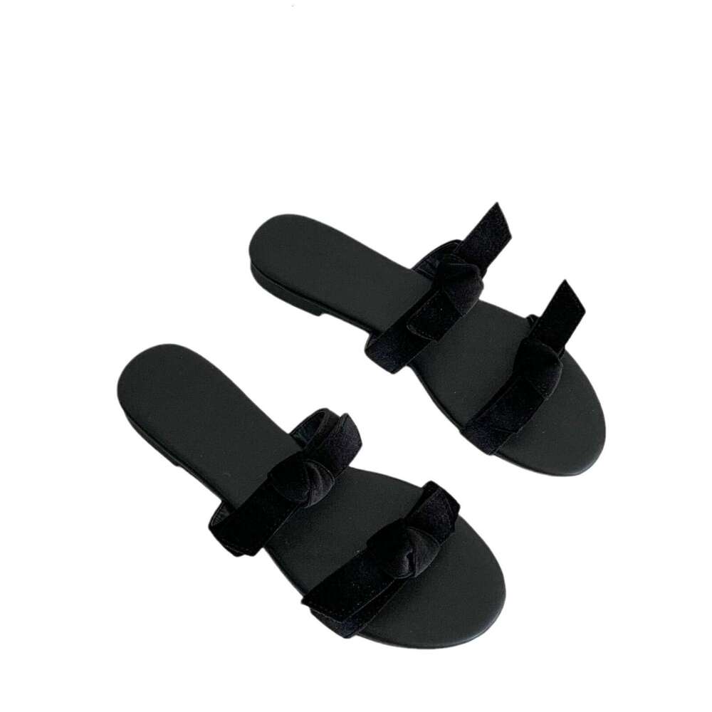 Genuine Leather Velvet Bowknot One-Strap Flat Sandals for Women Summer Beach Outdoor Open-Toe Round-Toe Half Mules