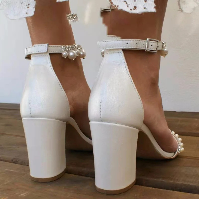 Block Heel Sandals Summer Wedding White Mid Heel Pearl String Open Toe Plus Size Strappy Sandals 250526