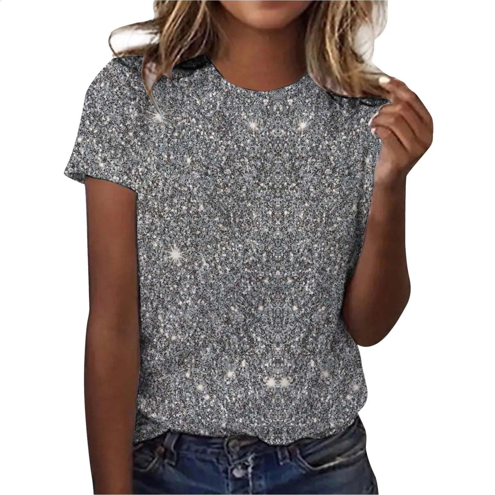 Glitter Shirts Round Neck Sequins T Shirt Short Sleeve Casual Tees Sexy Outfits Club Party Rave Blouse Streetwear 250520A