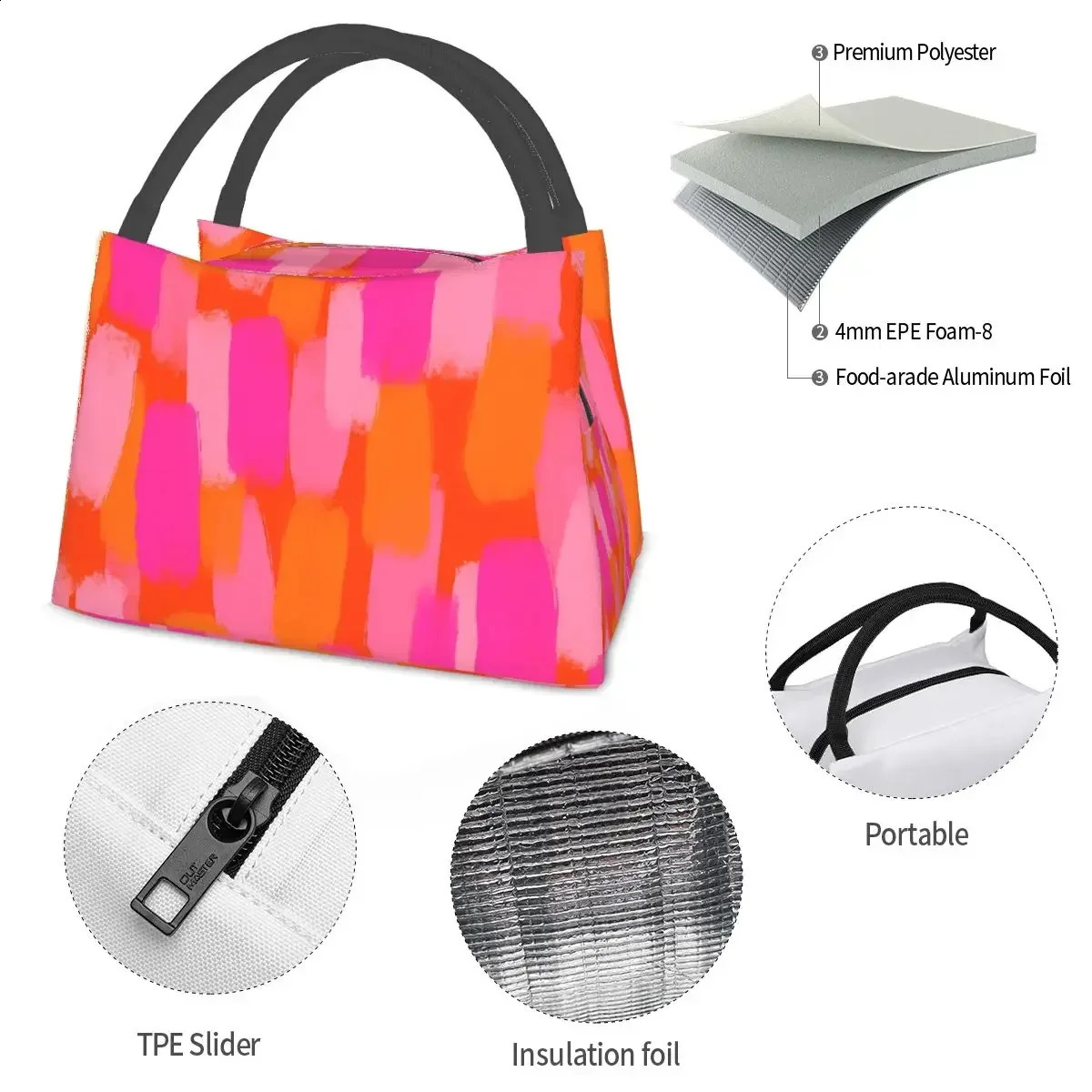 Abstract Paint Brush Lunch Bag For Women Pink and Orange Box Retro Outdoor Picnic Cooler Portable Thermal Bags 250528