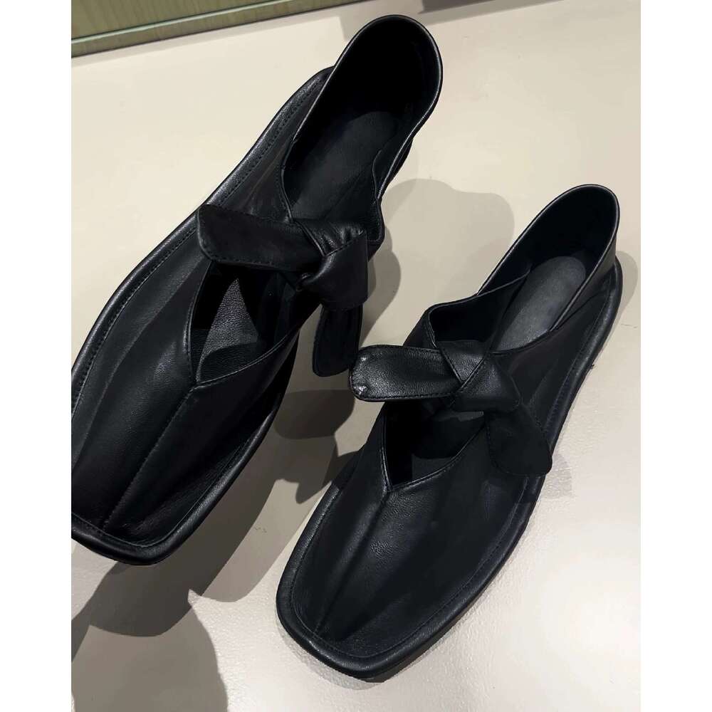 Genuine Leather Suede Niche Bowknot Step-On Two-Way Square Toe Single for Women Spring and Autumn Mary Jane Ballet Flat Shoes