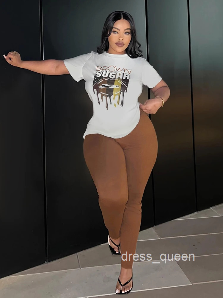 Plus Size Lip Letter Print Pants Set Woman 2025 Summer Casual Crew Neck T-shirts Tops+casual Pant Sets Women 2 Piece Outfits