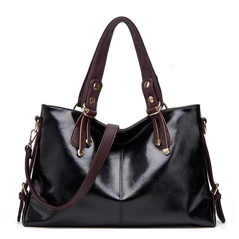 Retro Minimalist Atmosphere Large-Capacity Wide Shoulder Strap Solid Color Tote Bag, Ladies' Fashion Multi-Layered Wax Oil Leather