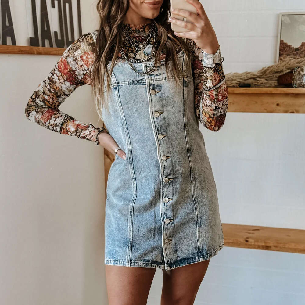 Early Autumn Vintage Strap Casual Western Style Slim Fit Denim Dress B5