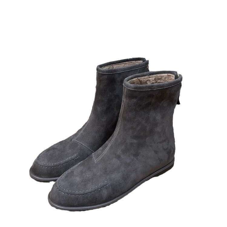 Korean Style Niche Minimalist Suede Round Toe Back Zipper Flat Slim for Women Autumn Winter Versatile Martin Short Boots
