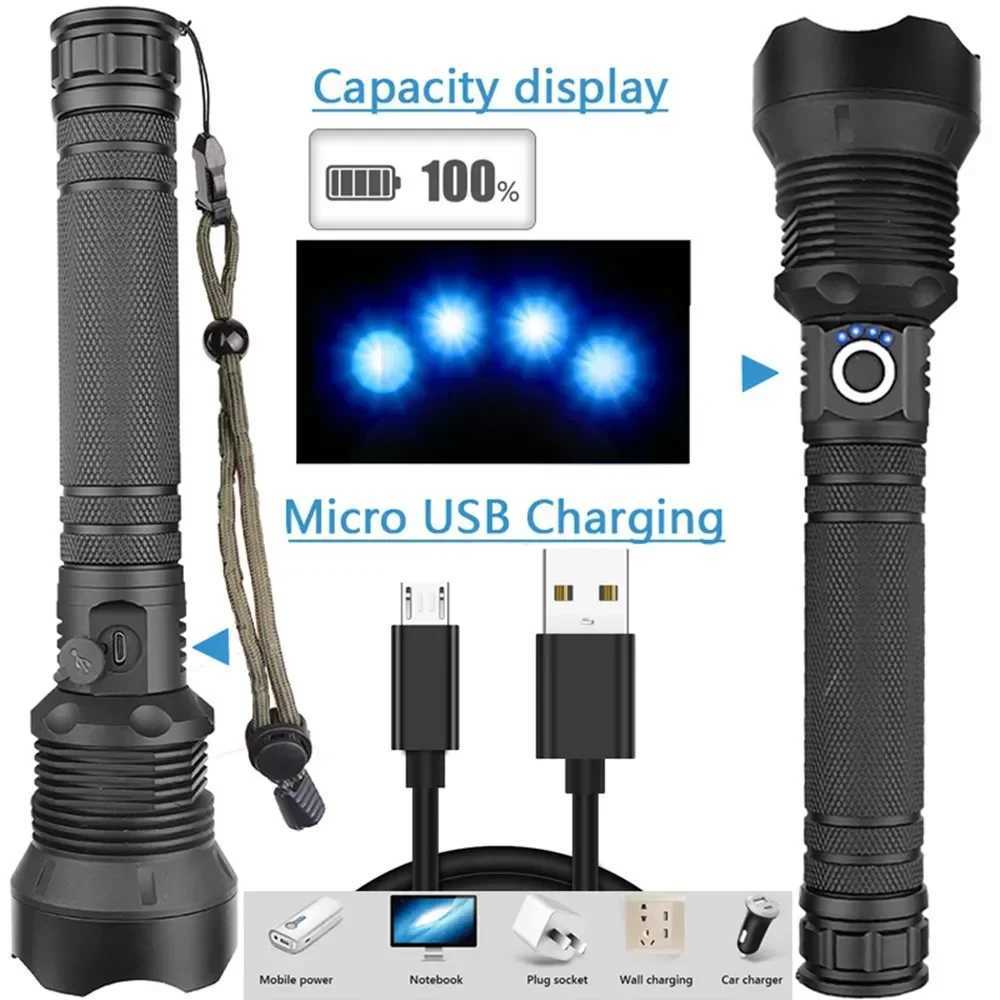 Rechargeable LED Flashlights 90000 Lumens Super Bright Zoomable Waterproof Flashlight with 3 Modes Powerful for Camping Hiking XJ250529