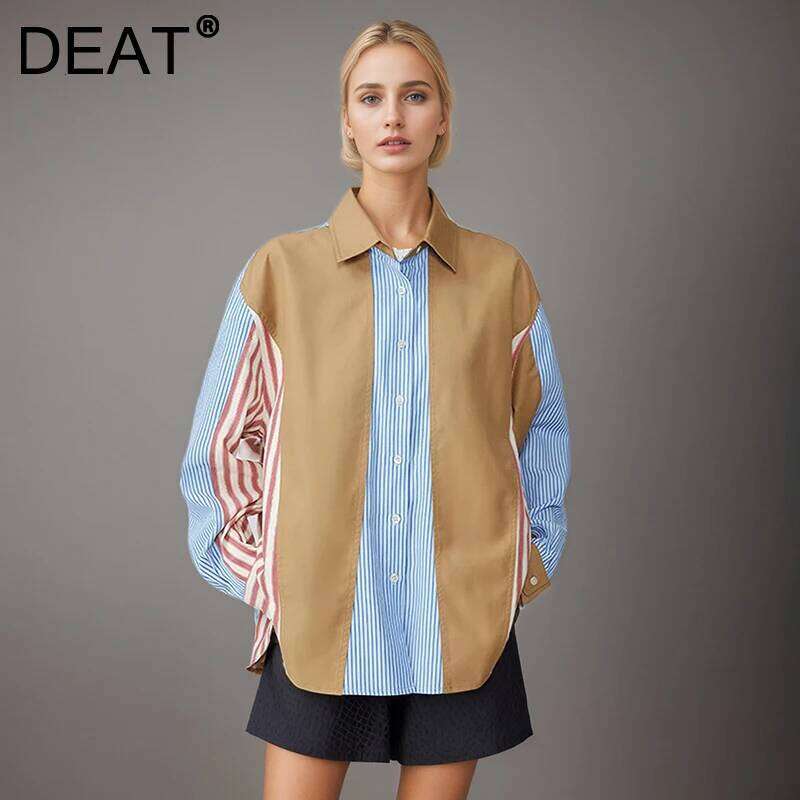 Women's Wear DEAT Fashion Irregular Contrast Color Striped Shirt Women's Lapel Loose Single Braested Long Sleeve Blouse New Tide 7Ab8930