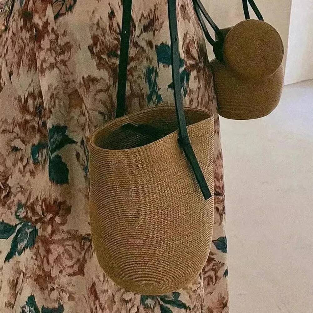 Woven Straw Women With Adjustable Strap Summer Beach Solid Shoulder Bag Cute Handbag For Travel Shopping