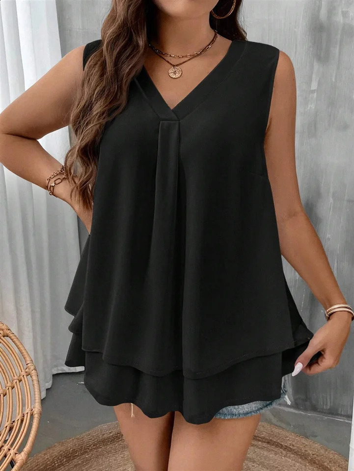 Europe and the United States crossborder summer plus size solid color double hem sleeveless Vneck vest 250519