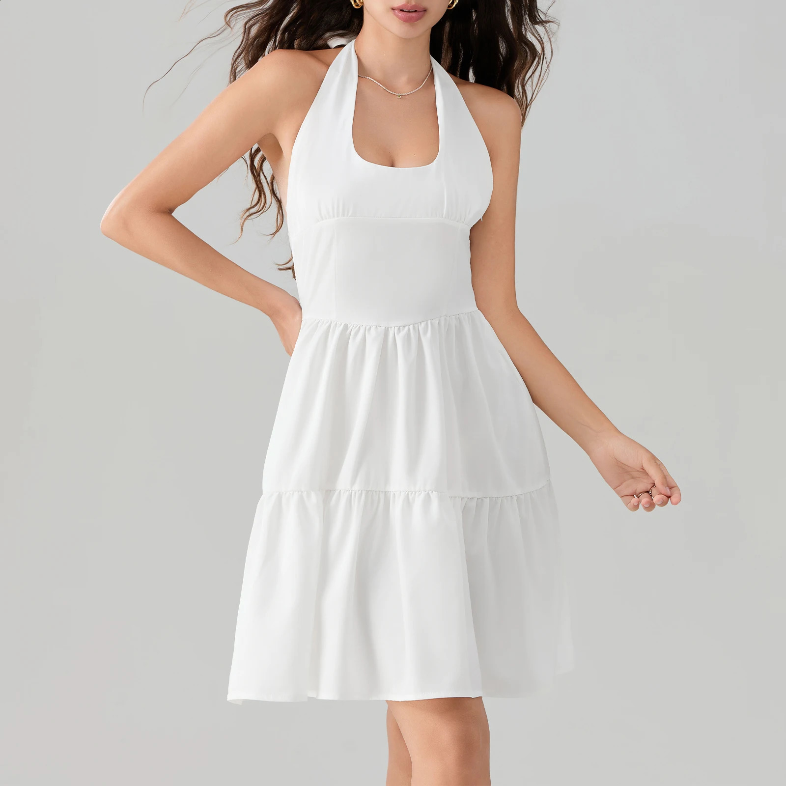 Womens Halter Neck Tied Short Dress Stripe/Solid Backless Sleeveless A-Line Tiered Ruffle Mini Dress for Party Classic Vestidos 250526