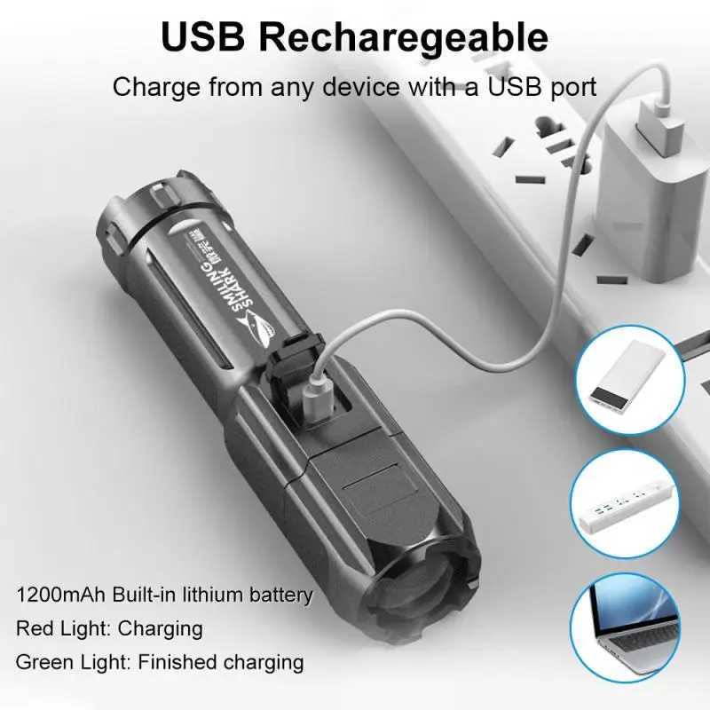 Powerful LED Fltn Rechargeable USB 18650 Waterproof Zoom Fishing Hunting 100000 Lumens Tactical Flashlight LED Flashlight XJ250529