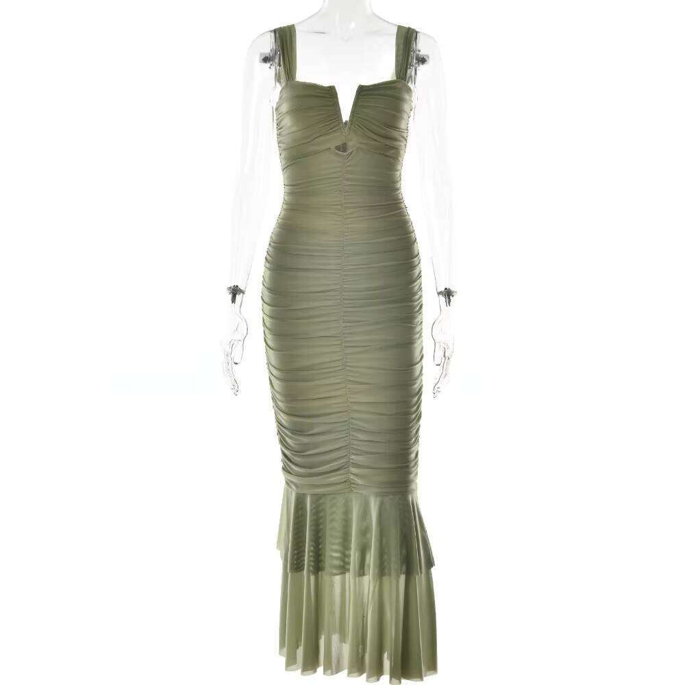 DHCollections Women Solid Color Tight Pleated Halter Maxi Dress Sexy Bodycon Summer Evening Wear