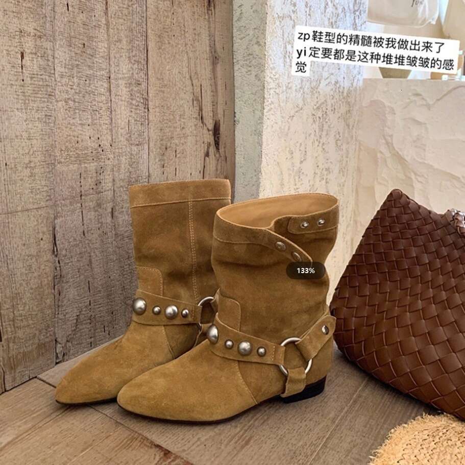 Genuine Leather Suede Niche Studded Chunky Heel Flat Pointed Toe Western Cowboy Short Women Autumn Winter New Martin Boots
