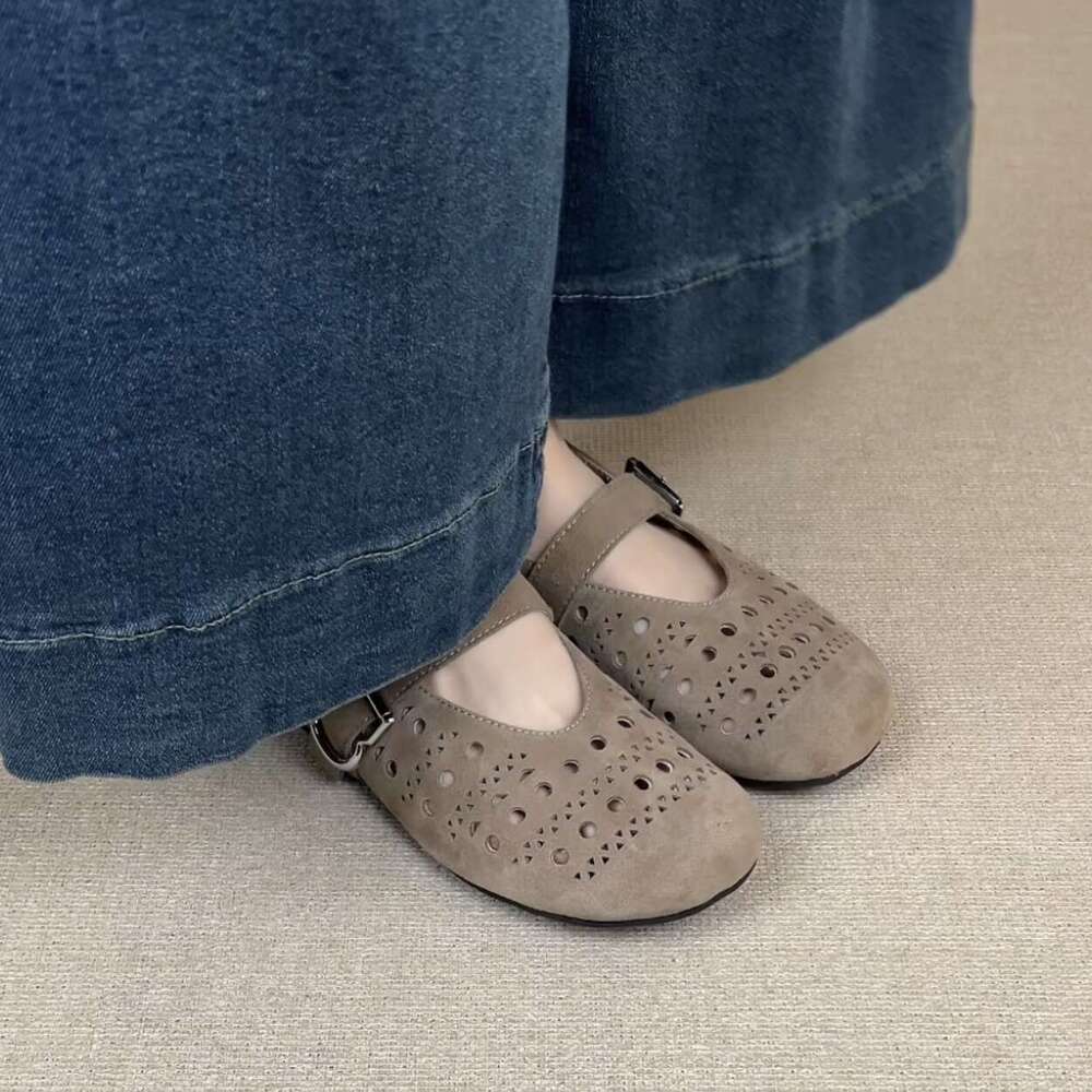 Sheepskin Version ~ Korean Style Round Toe Hollow Out Hole Flat One-Strap Mary Jane for Women 2025 Spring Summer Single Shoes