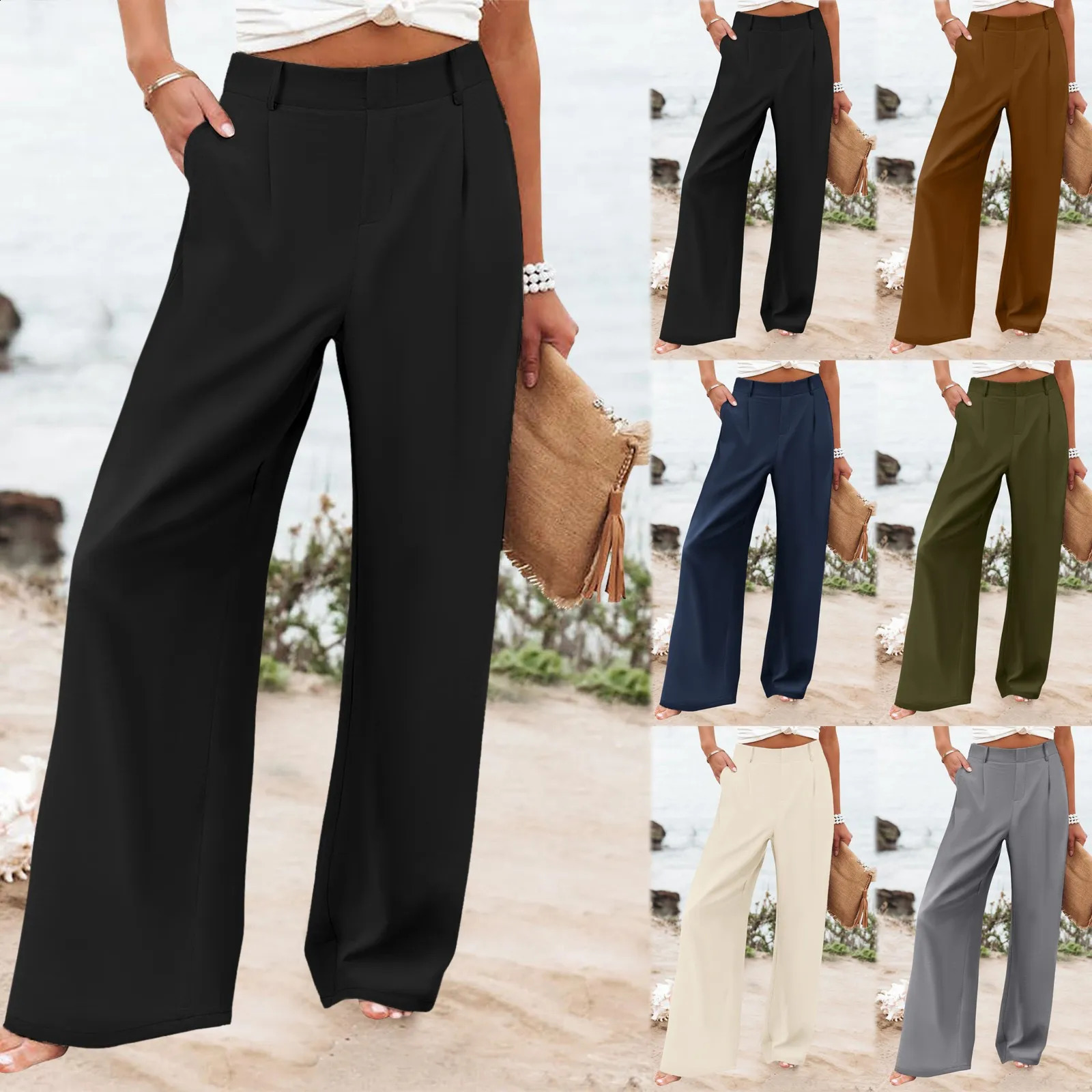 Women Elastic Waist Wide Leg Pants Casual Loose Cotton Linen Pants With Pockets Streetwear Business Casual Straight Trousers 250529Z