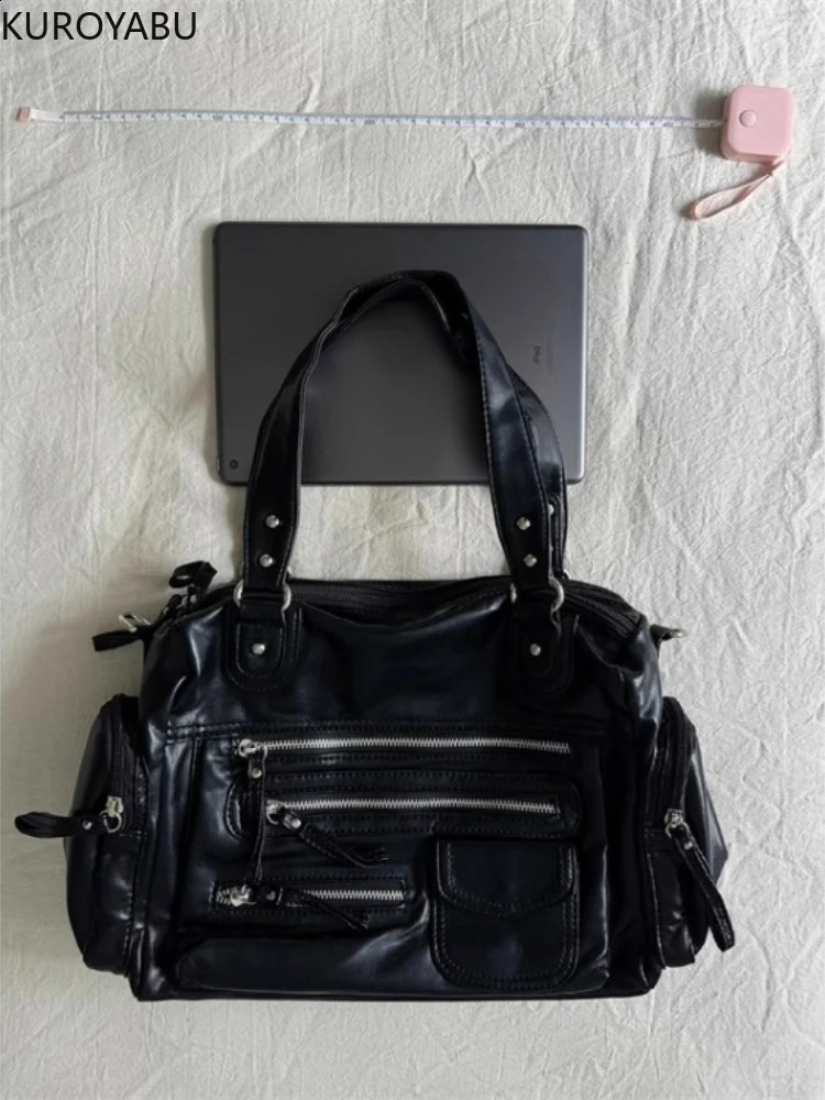 Retro Tote Bag Motorcycle Bag Soft PU Leather Large Capacity Shoulder Bags Women Y2K Punk Zipper Pocket Fashion Crossbody Bag 250523