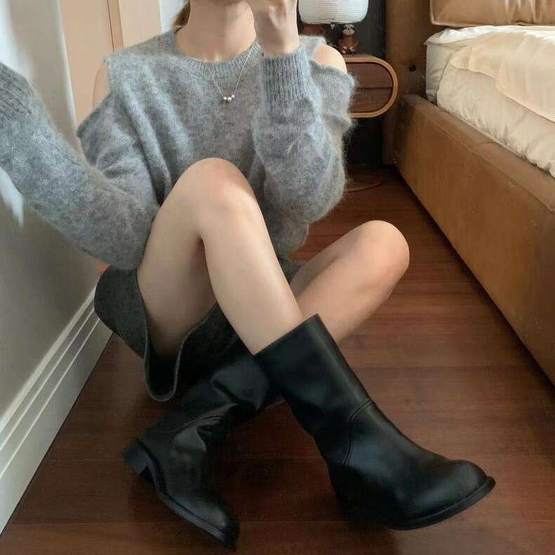 Niche Suede Round Toe Western Cowboy for Women 2024 New Thick Heel Pull-On Martin Slim Boots