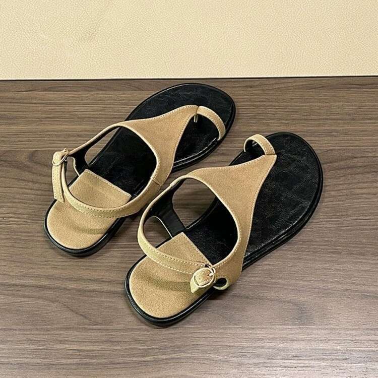 Sheepskin Version ~ Korean Style Round Flat Sandals for Women 2025 Summer New Faux Leather Toe Ring Slippers