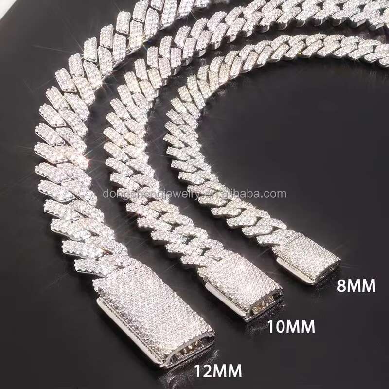 Hot Selling Fashion Jewelry 925 Sterling Silver Hip Hop Necklace 10mm 12mm Iced Out Moissanite Diamond Cuban Link Chain