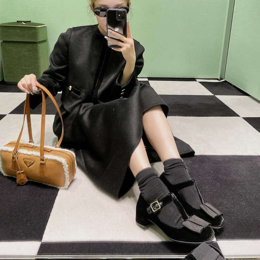 Genuine Leather Velvet French Round Toe T-Strap Mary Jane for Women 2025 Spring New Chunky Heel Bowknot Women's Shoes