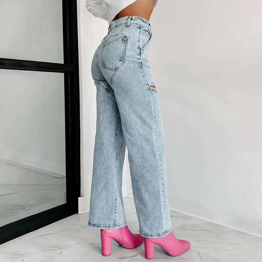 Autumn New Fashion Casual Studded Ripped Straight Leg Women's Vintage Jeans B5