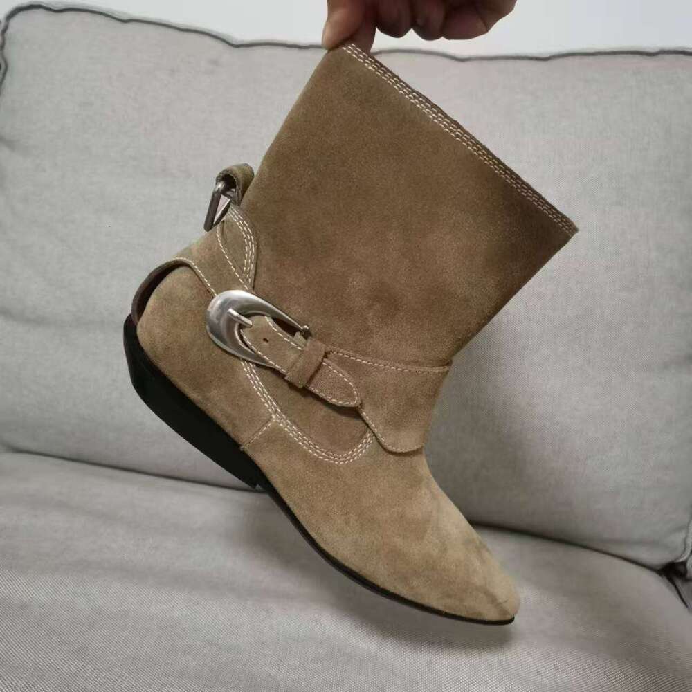 Niche Suede Pointed Toe Western Cowboy Short for Women Autumn Winter New Plush Low Heel Martin Slim Boots