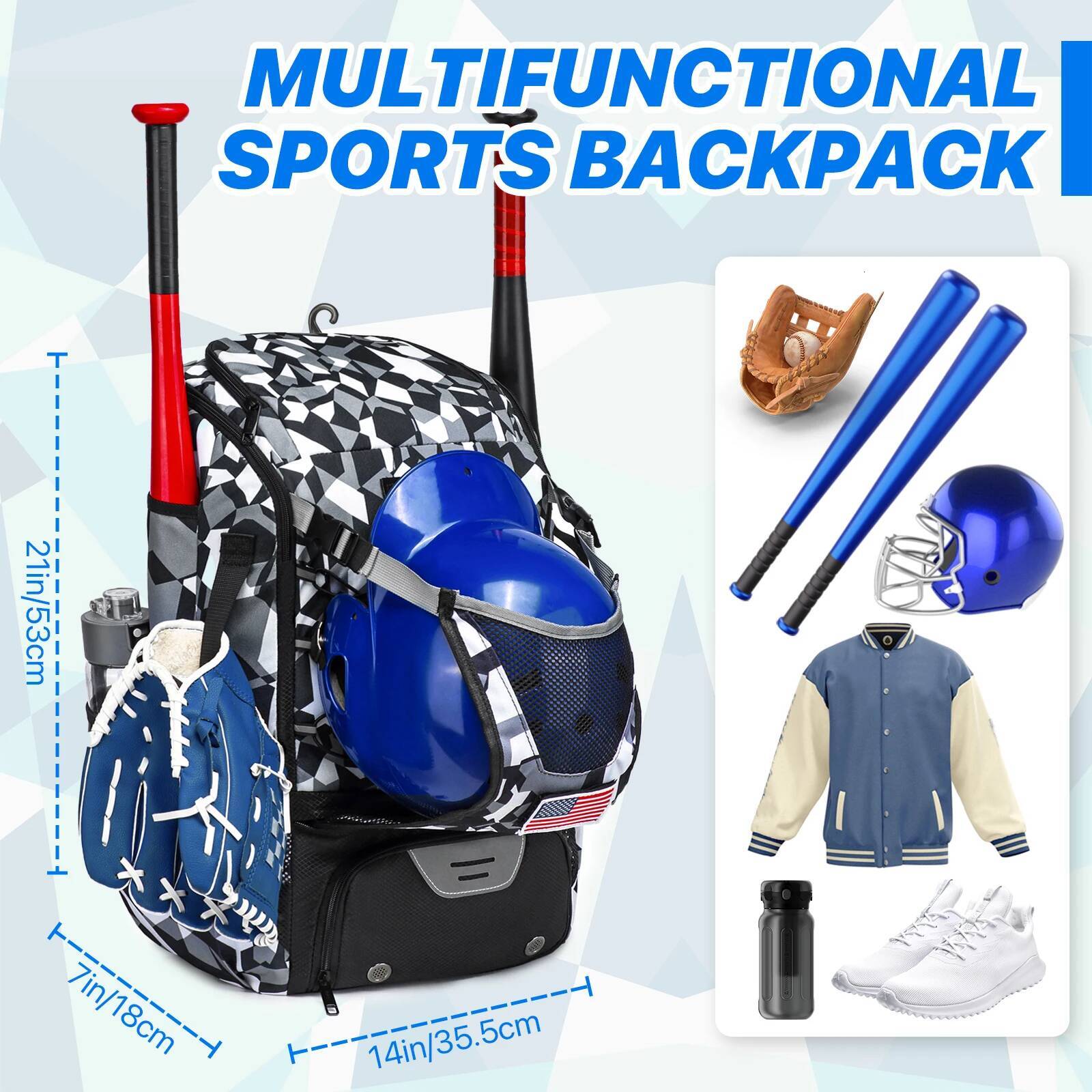 YH&GS Baseball Backpack Lightweight Sport Bag Sports Training with Shoes Compartment Softball Equipment for Youth Adult