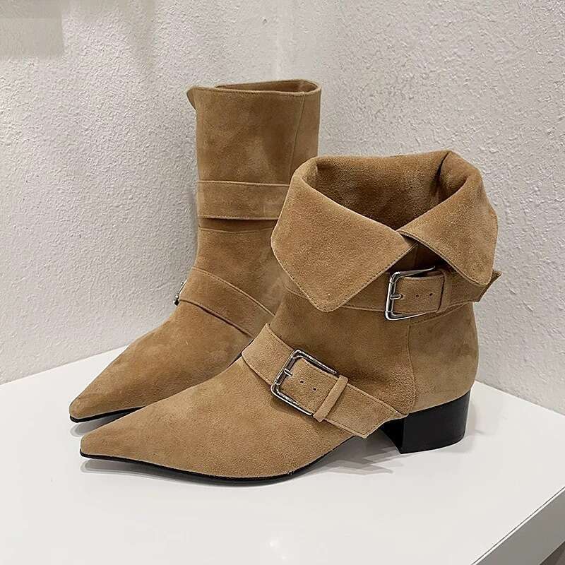Korean Style Niche Two-Way Pointed Toe Western Cowboy Belt Buckle Chunky Heel Suede Mid-Calf Slim Short Boots for Women Autumn Winter