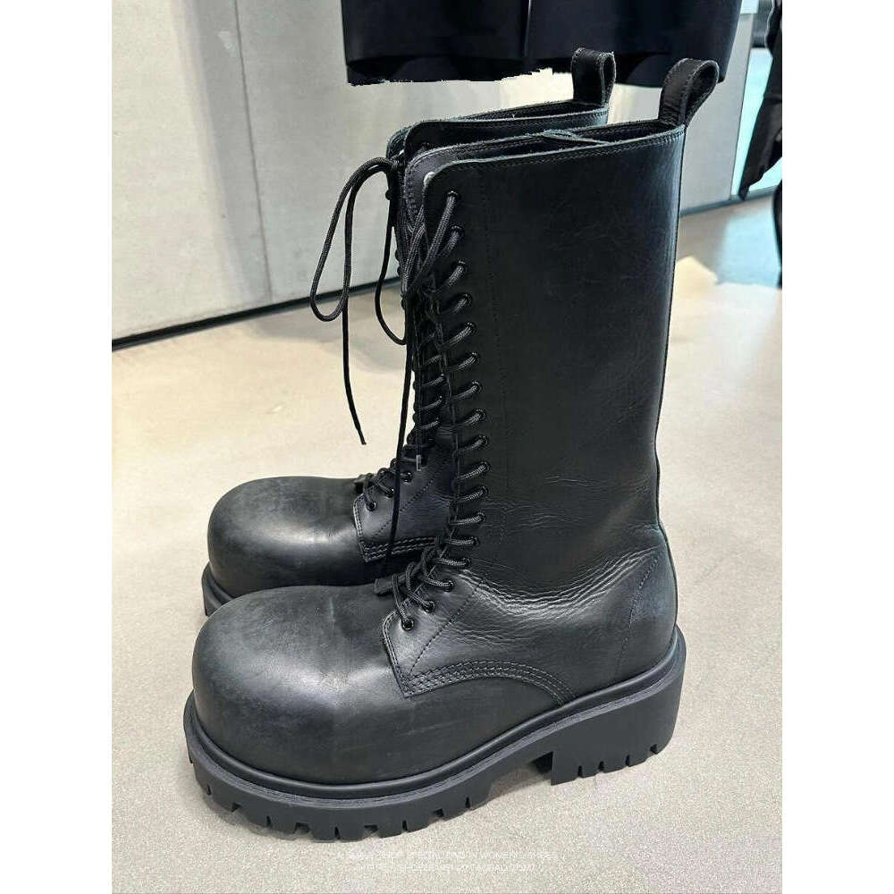 Genuine Leather Super Cool Chunky Martin for Women Round Toe Elevated Mid-Calf Unisex Heel Height Increasing Thick Sole Lace-Up Boots