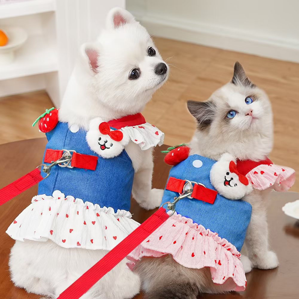Denim Dog Dress Leash Set Cute Small Dogs Clothes Girl Heart Patterns Puppy Dresses Breathable Mesh Cat Harness Strawberry Chihuahua Yorkie Outfit XS 