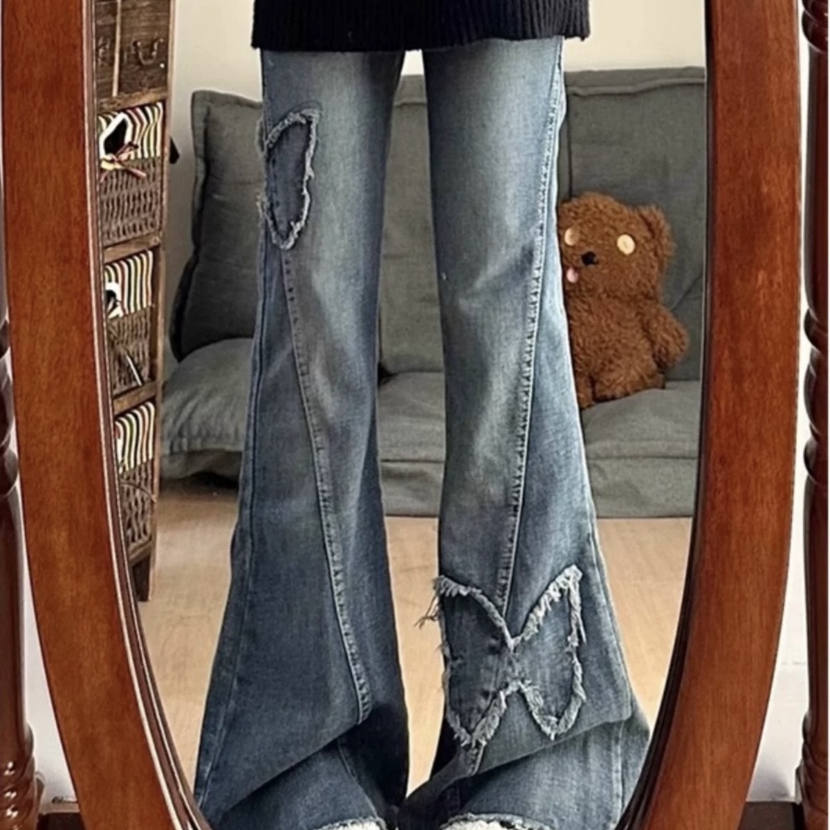 American Style Butterfly Embroidery Flared Jeans for Women Design High Waist Floor-Length Pants