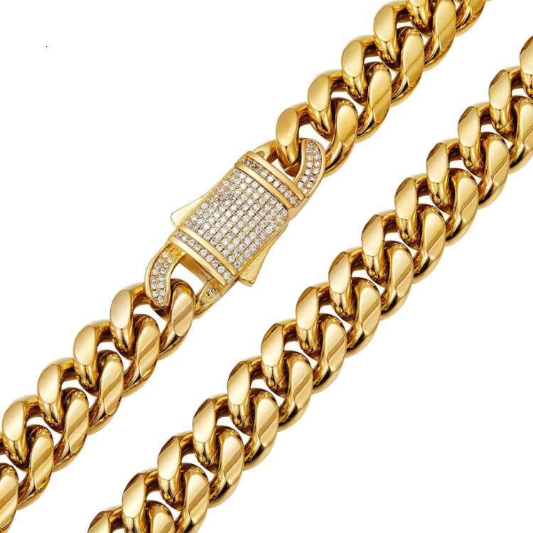 Fashion Hip Hop Gold Plated Stainless Steel Men Moissanite Baguette Cuban Link Chain Jewelry Tarnish Free