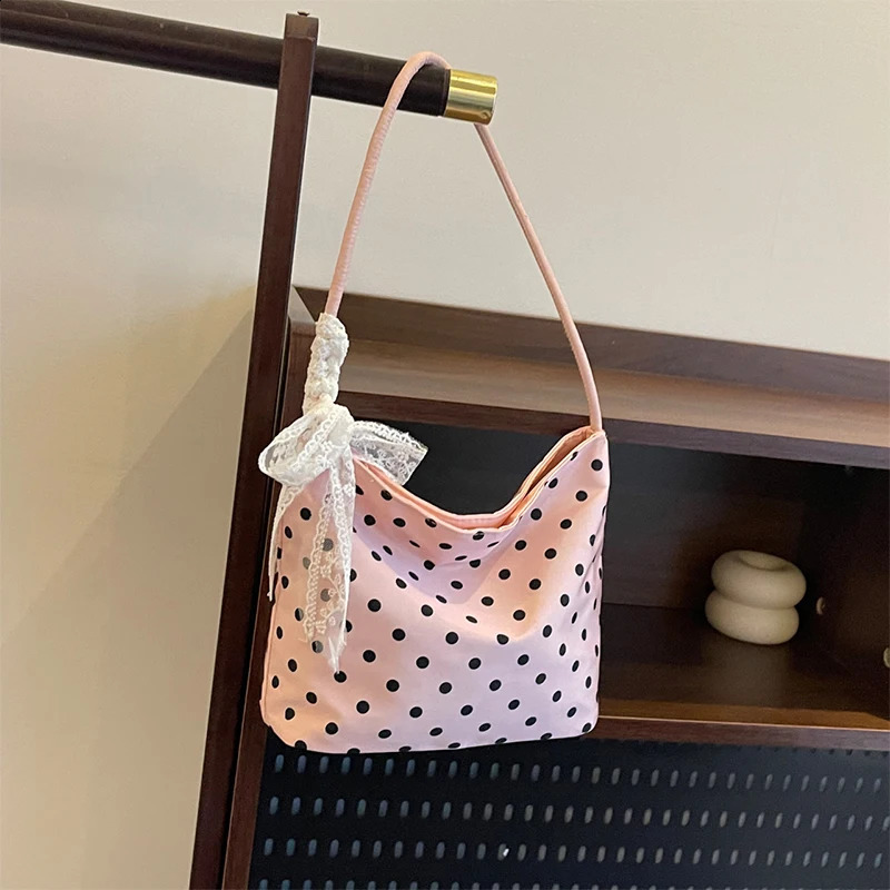 Pure Color Polka Dot Handbag Shoulder Bag Women Nylon Underarm Bags Retro Chic Bucket Trendy Korean Style Tote Handbag 250528