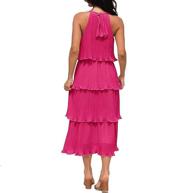 DHCollections Women Sleeveless Halter Neck Tiered Chiffon Maxi Dress with Ruffles and Flowing Skirt