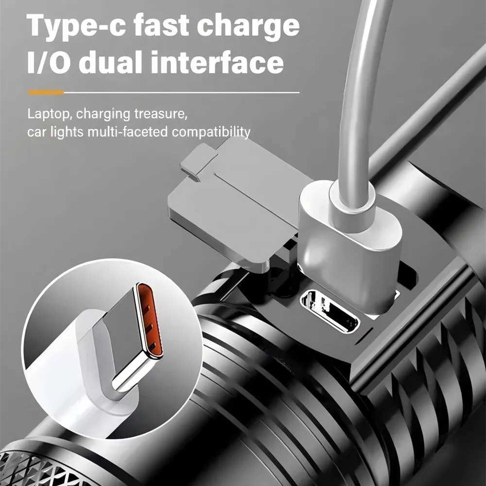 Powerful Long Range LED Flashlight Tactical Light Power Display USB Rechargeable Light Telescopic Zoom Torch Camping Lantern XJ250529