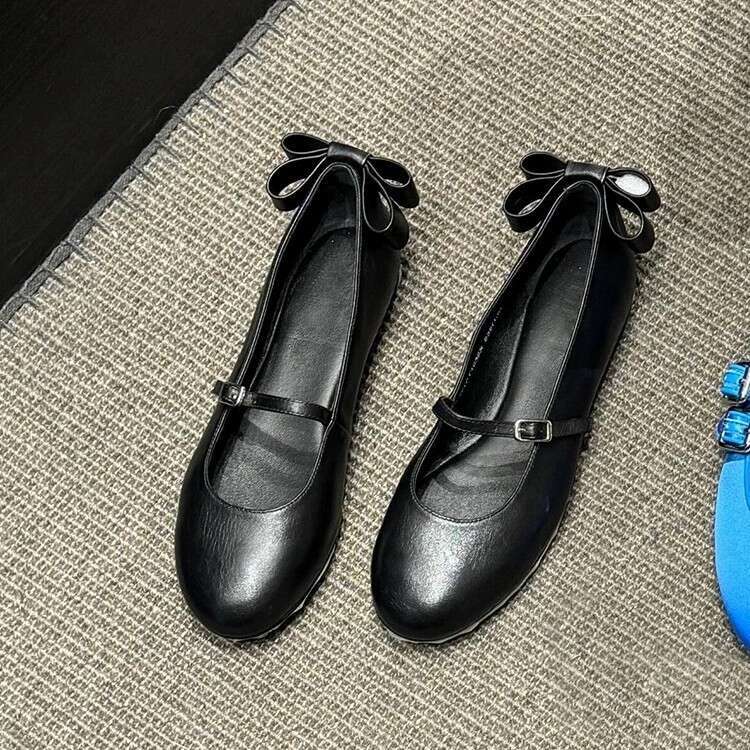 Genuine Leather French Style Back Bowknot Shallow Mouth One-Strap Mary Jane for Women Spring and Autumn New Ballet Flat Shoes
