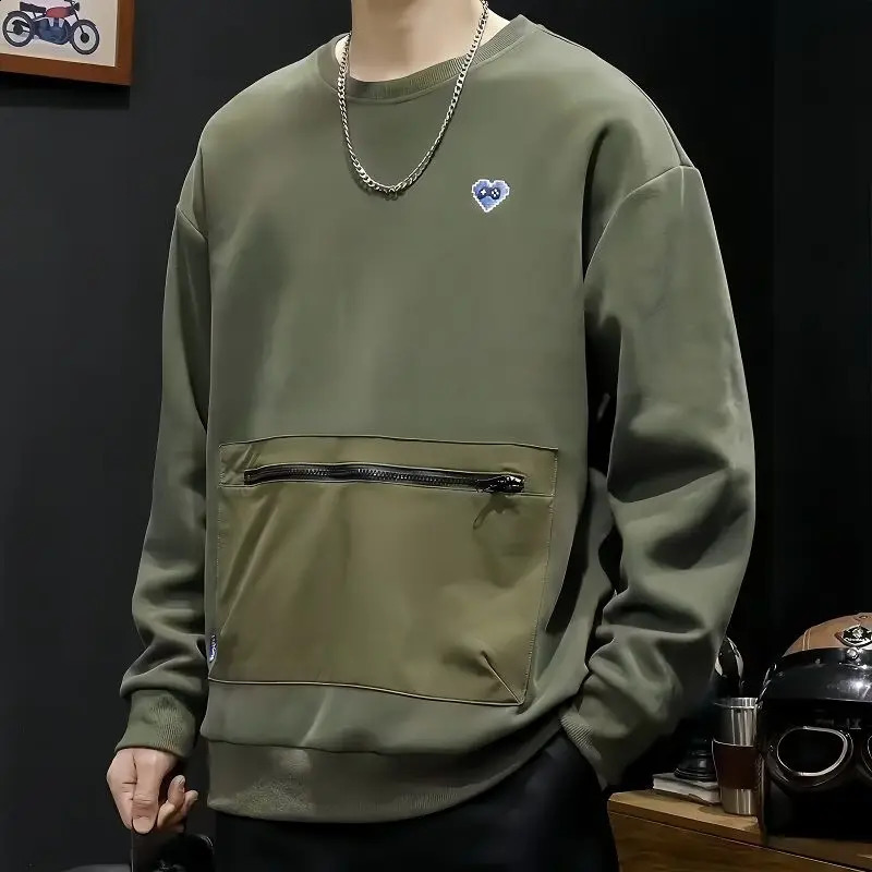 Japanese Style Trend Autumn Cargo Sweatshirts Men Solid O-Neck Zipper Multiple Pockets High Street Long Sleeve Loose Hoodies 250527