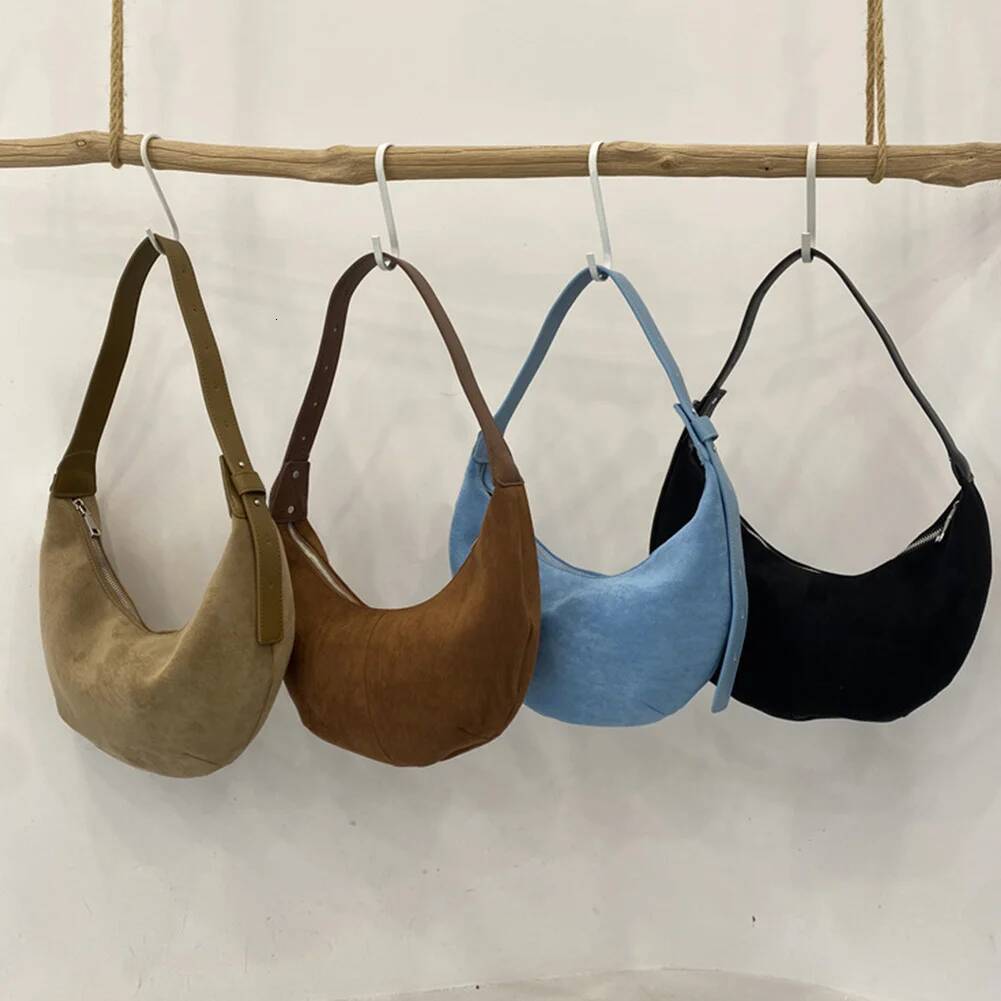 Women Suede Shoulder Zipper Closure Crescent Bag Trendy Retro Handbag Clutch Purse For Work Travel