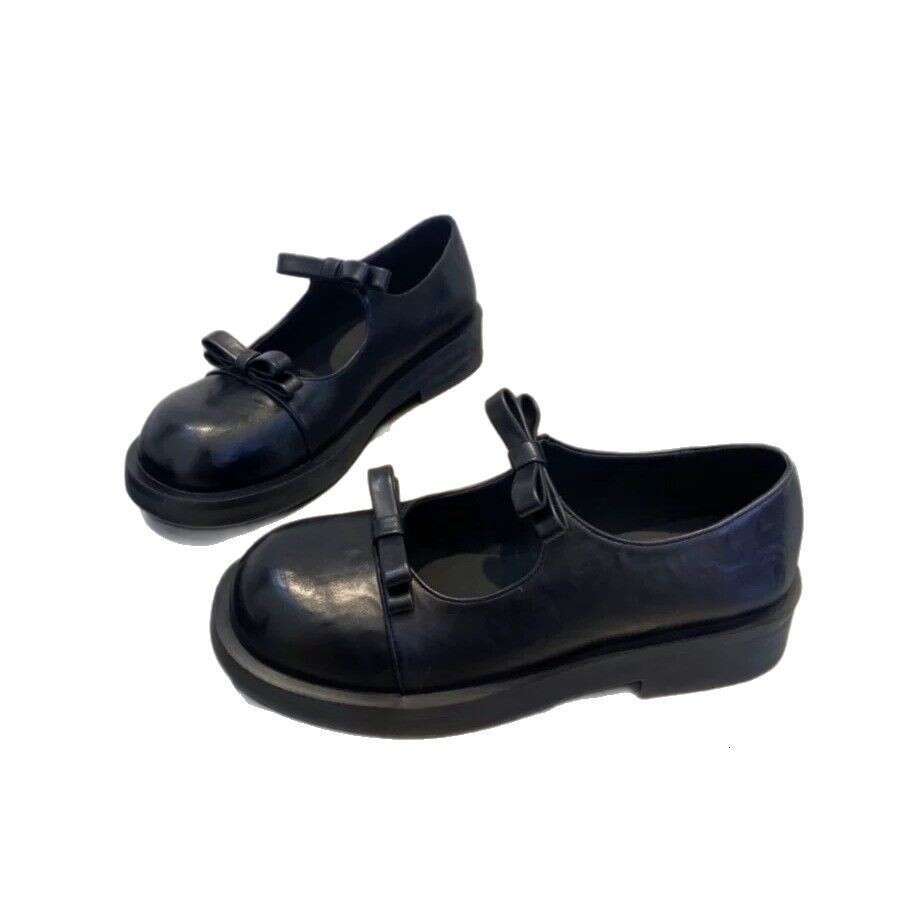 Genuine Leather Double Bowknot Shallow Mouth Thick Sole Round Toe Women's Shoes 2025 Spring Summer Chunky Heel Mary Jane Loafers