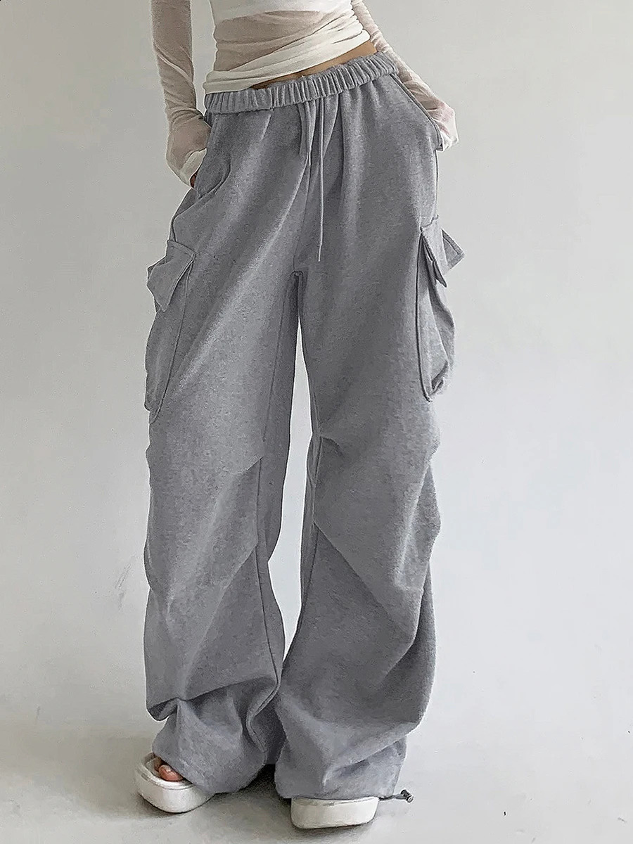 Women s Baggy Cargo Pants High Waist Solid Color Parachute Pants Ruched Sweatpants with Flap Pockets 250529Z