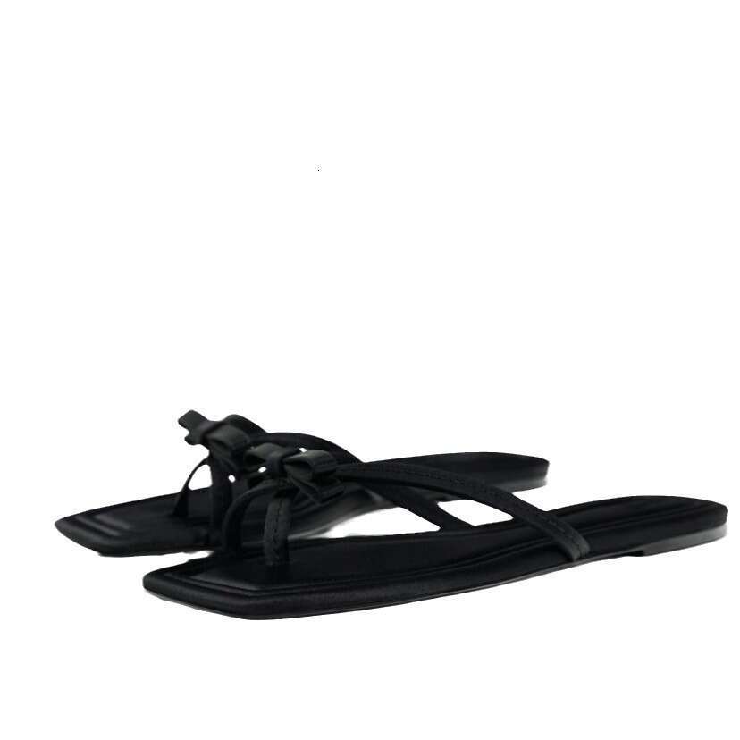 Genuine Leather Korean Style Square Flat Bowknot Toe Ring Slippers for Women Outdoor 2024 Summer New Beach Flip-Flops
