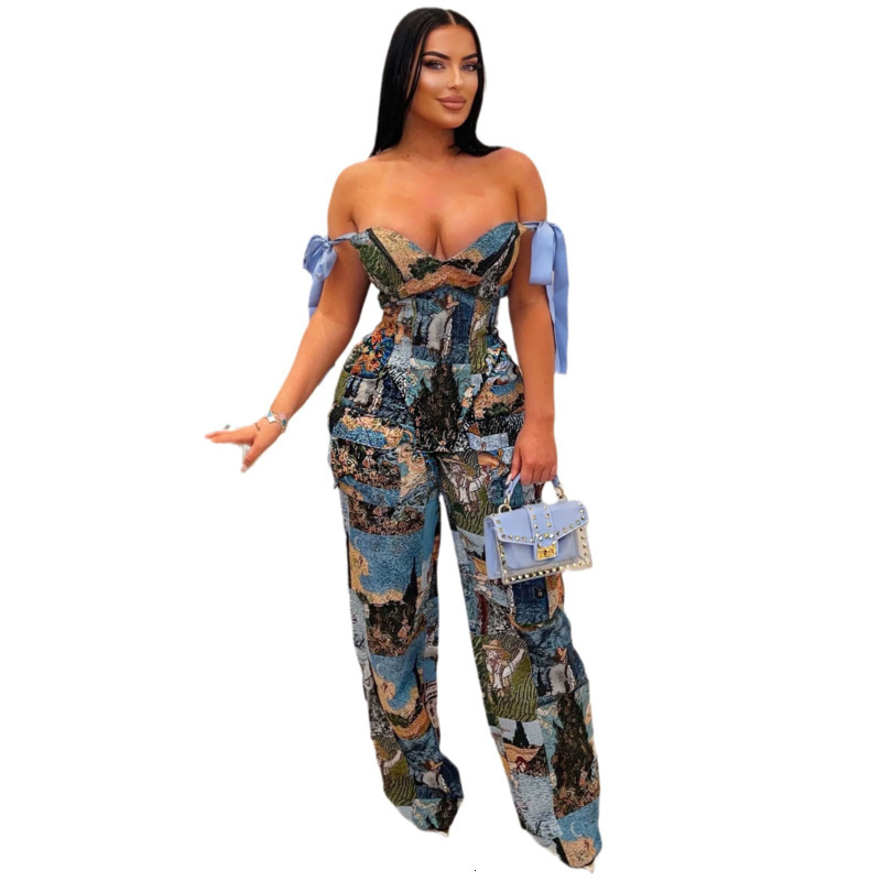 Women Tracksuits Two Pieces Set 2025 New Fashion Printed Oil Painting Pattern Strap Drawstring Multi Pocket Pants Set 6 Colors