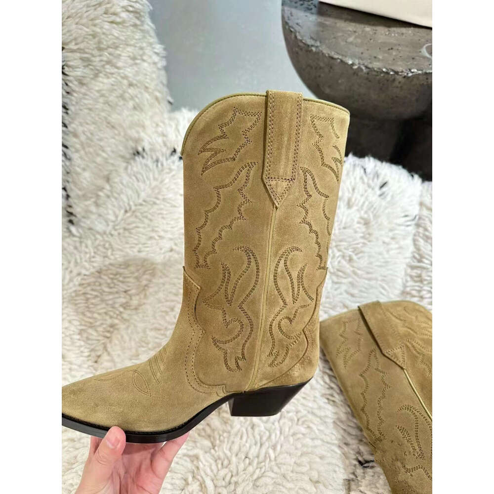 Genuine Leather Suede Niche Embroidered Western Cowboy for Women, Autumn and Winter, Chunky Heel, Pointed Toe, V-Mouth Mid-Calf Riding Boots