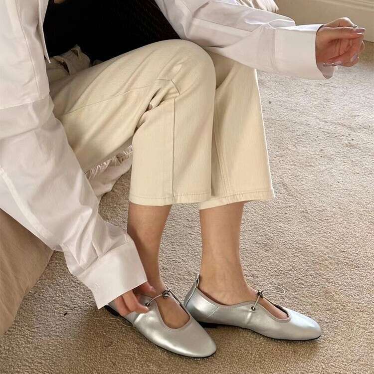 Korean Style Genuine Leather Niche Silver Flat Ballet Drawstring Round Toe Mary Jane Single Shoes Women Spring Autumn New Loafers