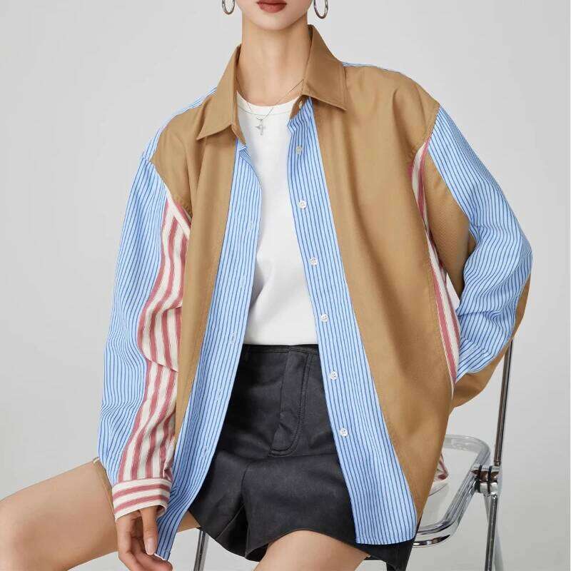 Women's Wear Colorblock Striped Patchwork Shirt Casual Loose Fit Button-Up Long Sleeve Blouse For Women Daily & Office Outfits