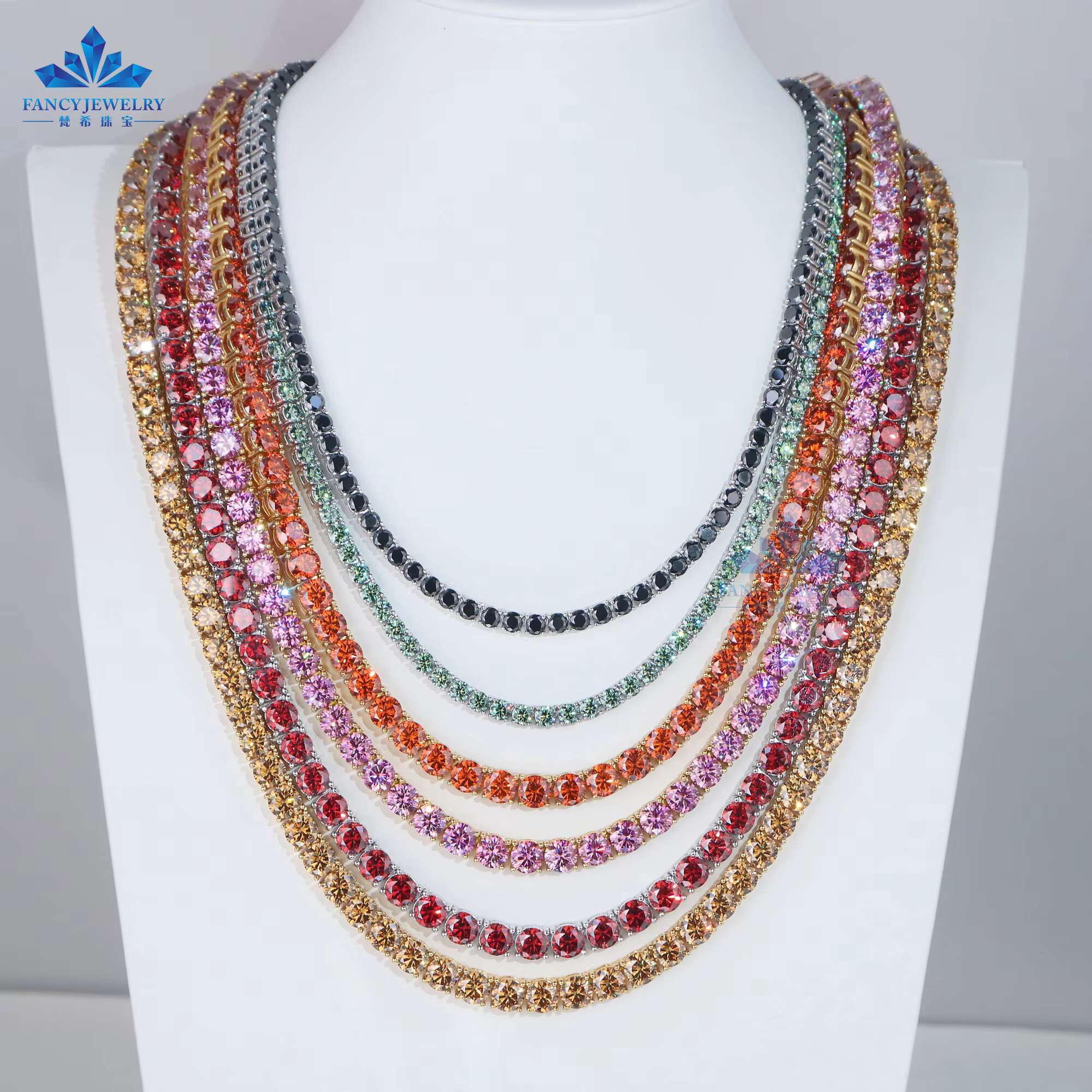 Drop Shipping VVS Diamond Tennis Chain 6.5mm Red Yellow Green Blue Pink Moissanite Tennis Chain 925 Sterling Silver