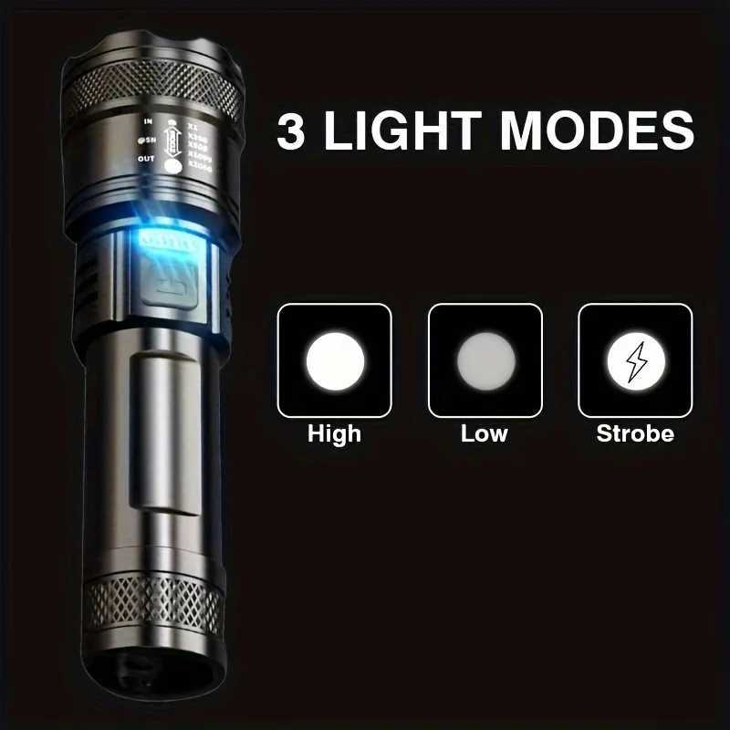 Powerful LED Flashlight Battery Display USB Rechargeable Light Telescopic Zoom Torch Lamp Outdoor Camping Fishing Lantern XJ250529